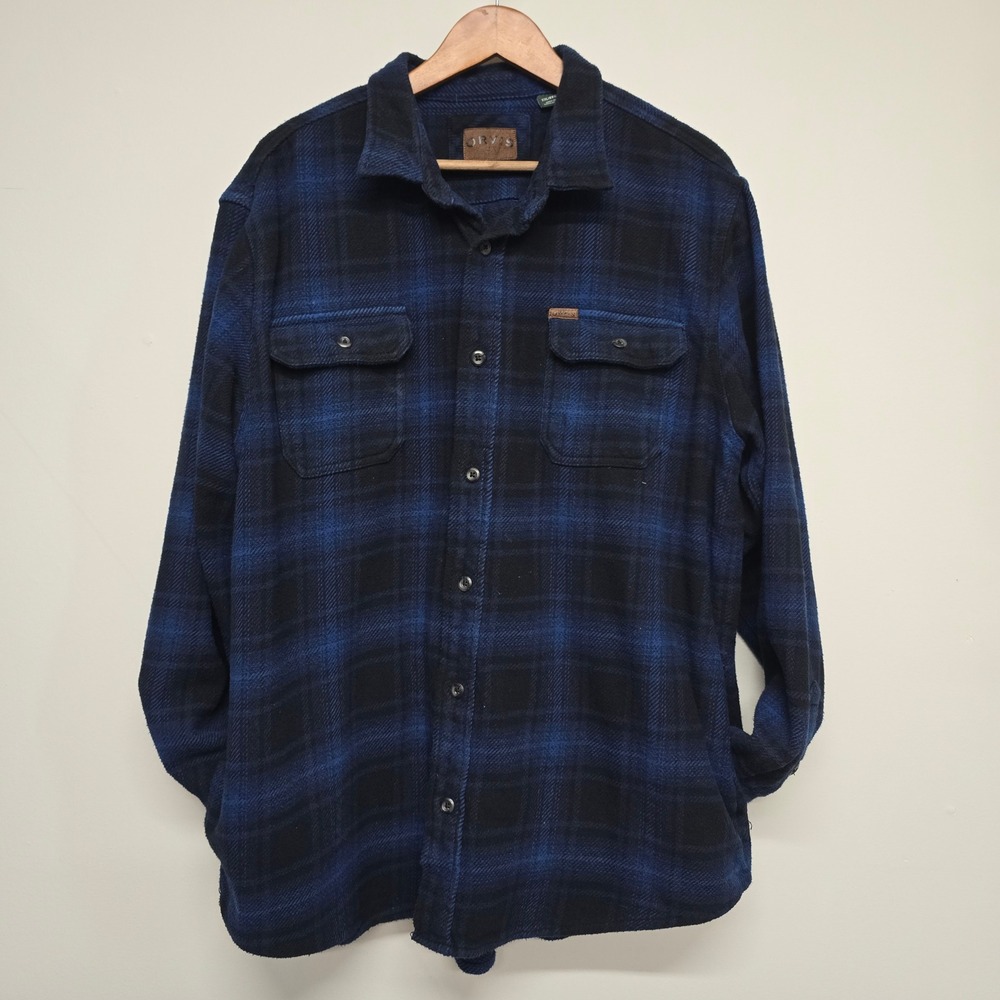 Orvis Classic Plaid Flannel Shirt Mens XXL Blue Black Cotton Pockets Shacket